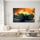 Tableau Décoratif Formula 1 Classic en verre acrylique, accroché dans un salon lumineux au-dessus d'un canapé beige