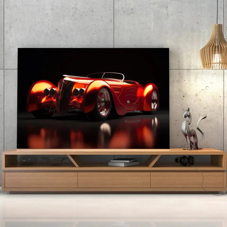 Tableau Décoratif Hot Road Convertible sur toile, posée sur un meuble TV en bois devant un mur en béton