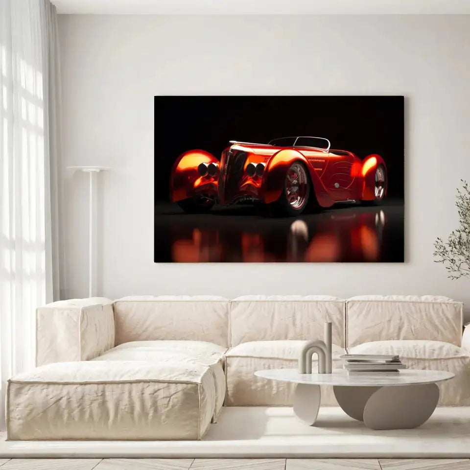 Tableau Décoratif Hot Road Convertible sur toile, accrochée dans un salon lumineux au-dessus d'un canapé beige