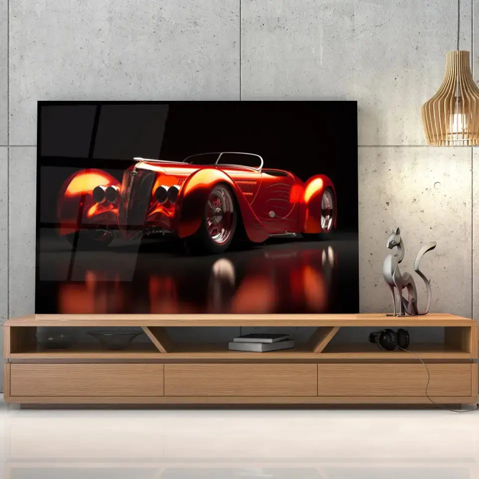 Tableau Décoratif Hot Road Convertible en verre acrylique, posé sur un meuble TV en bois devant un mur en béton