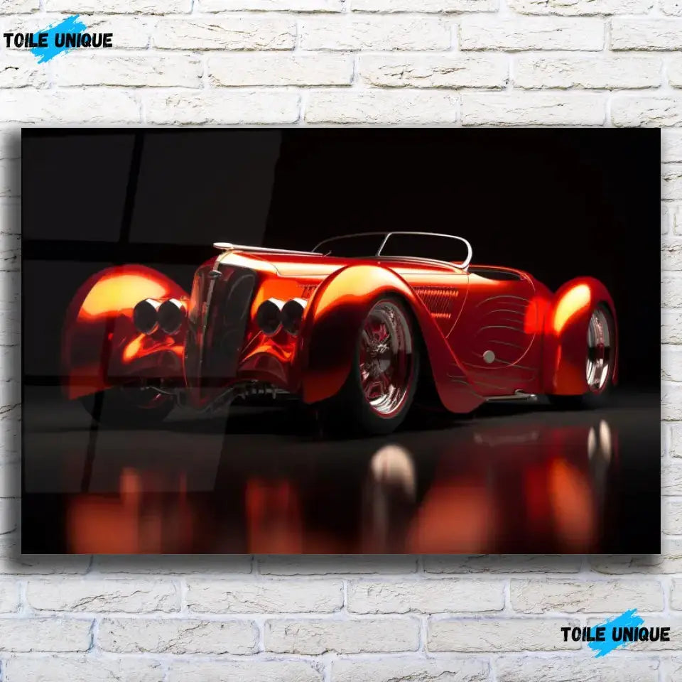 Tableau Décoratif Hot Road Convertible en verre acrylique, vue de face sur un mur de briques blanches