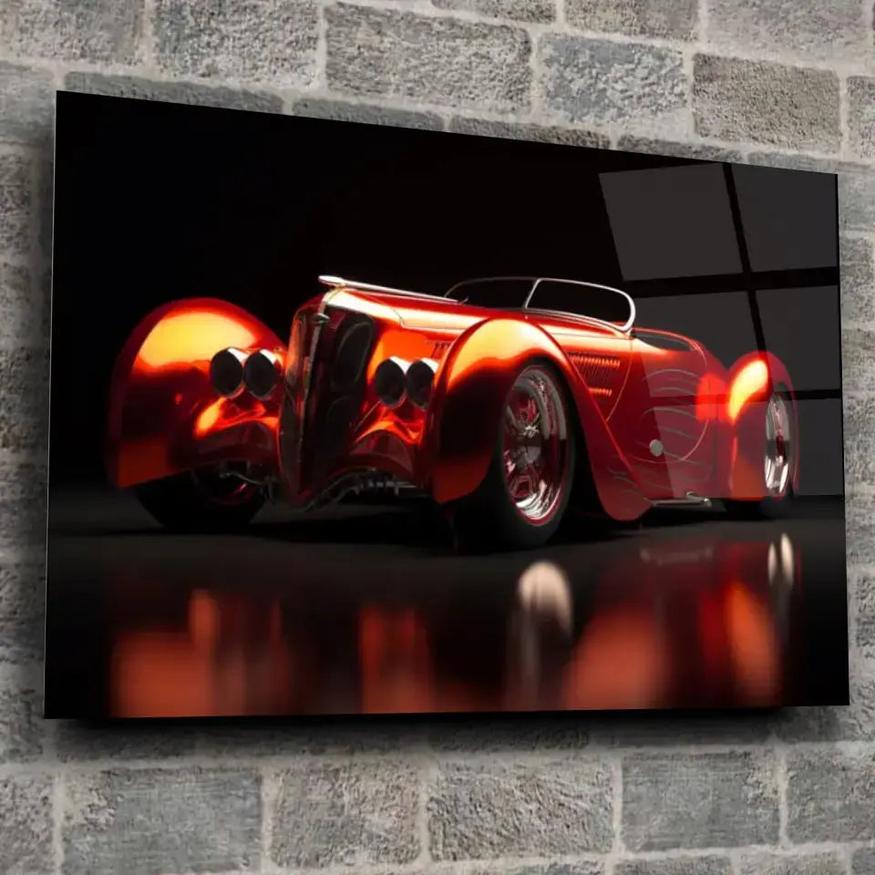 Tableau Décoratif Hot Road Convertible en verre acrylique, fixé sur un mur de pierre