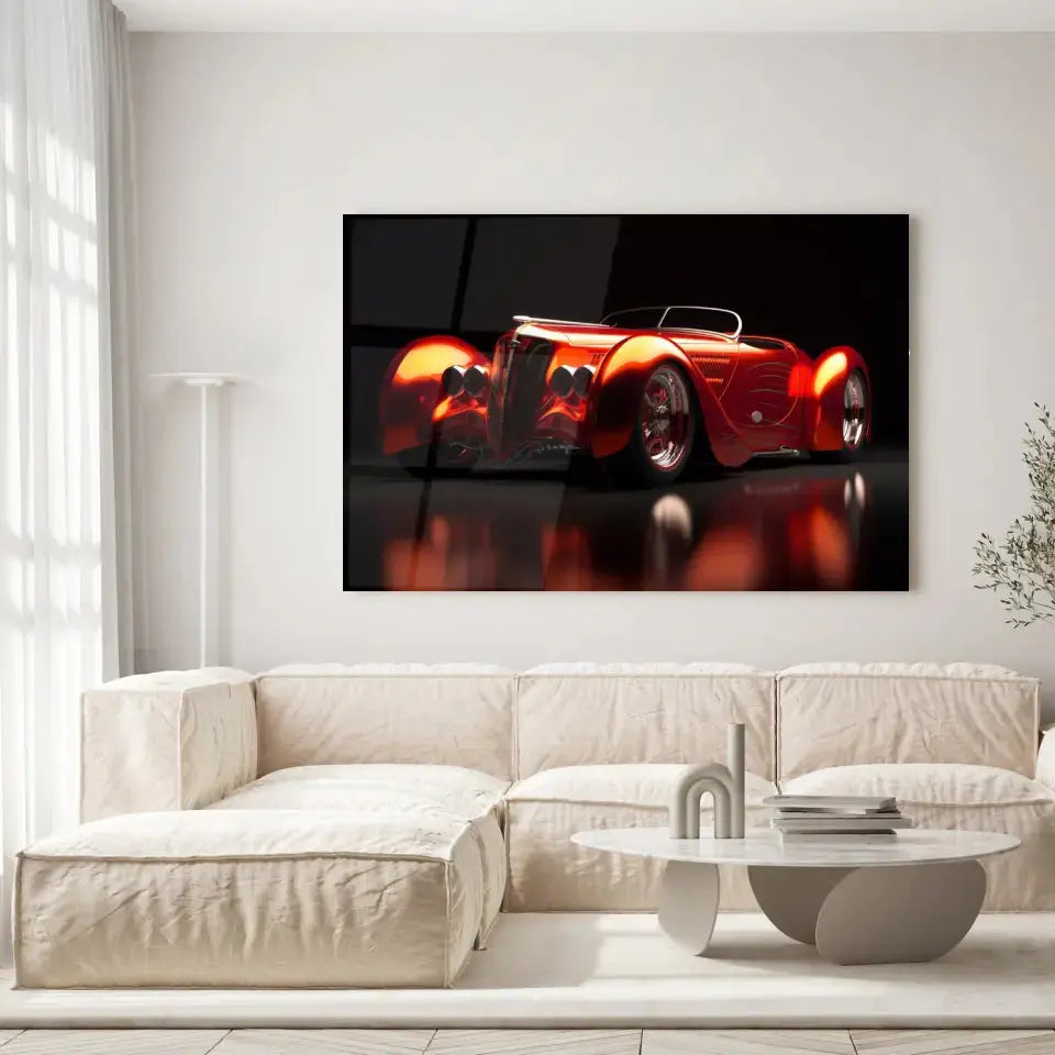 Tableau Décoratif Hot Road Convertible en verre acrylique, accroché dans un salon lumineux au-dessus d'un canapé beige