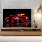 Tableau Décoratif Hot Road Flammes sur toile, posée sur un meuble TV en bois devant un mur en béton