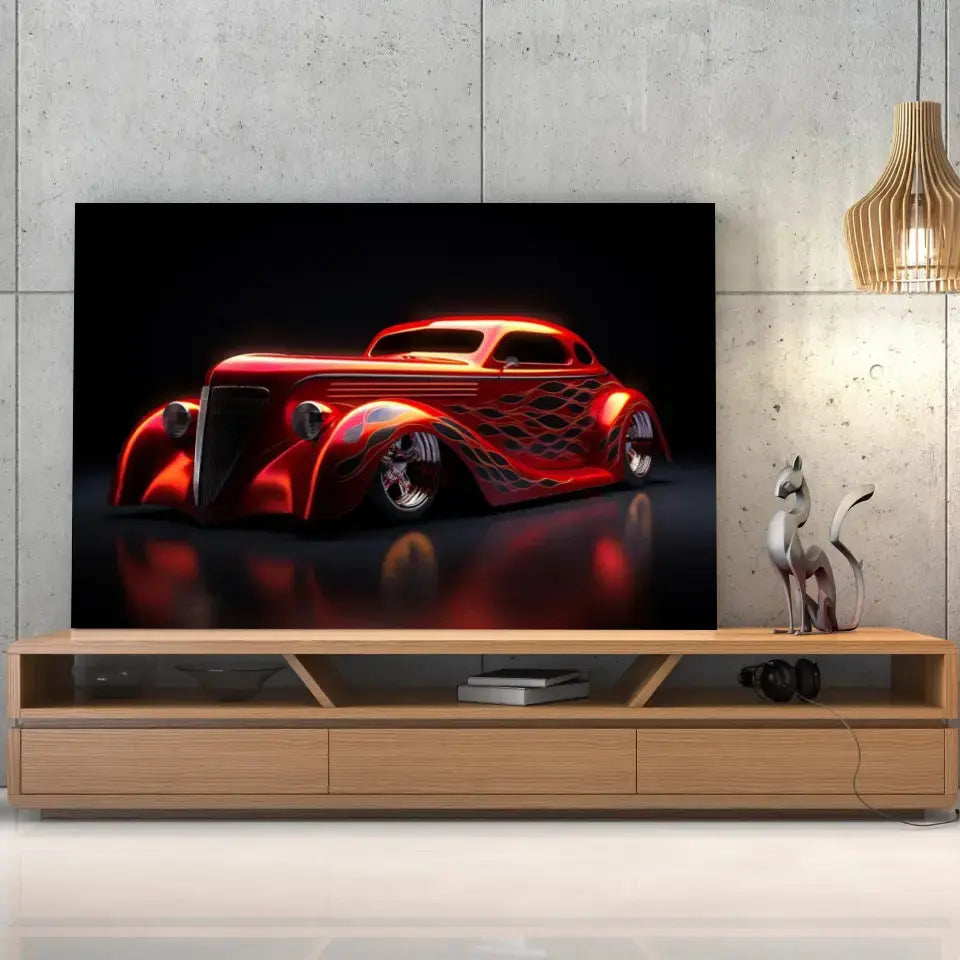 Tableau Décoratif Hot Road Flammes sur toile, posée sur un meuble TV en bois devant un mur en béton