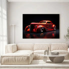 Tableau Décoratif Hot Road Flammes sur toile, accrochée dans un salon lumineux au-dessus d'un canapé beige