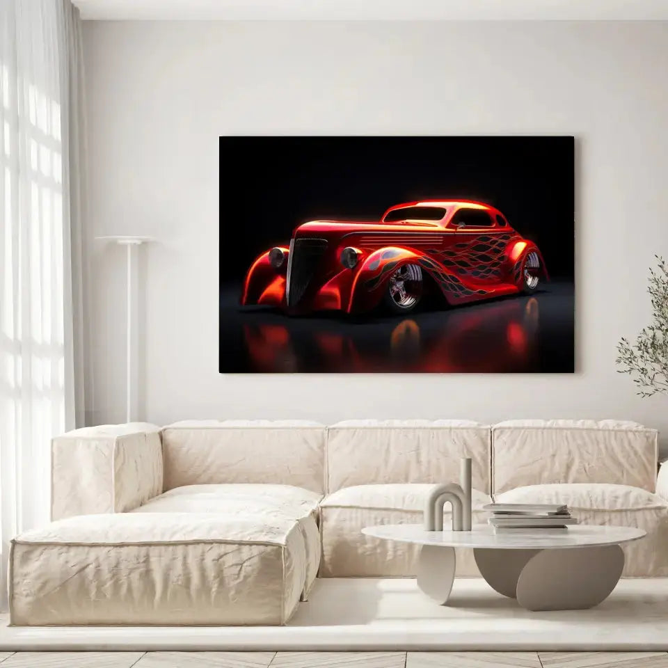 Tableau Décoratif Hot Road Flammes sur toile, accrochée dans un salon lumineux au-dessus d'un canapé beige