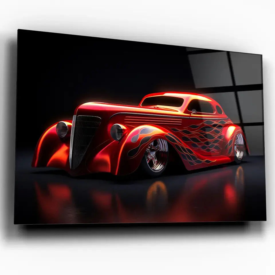 Tableau Décoratif Hot Road Flammes en verre acrylique, vue inclinée sur fond blanc