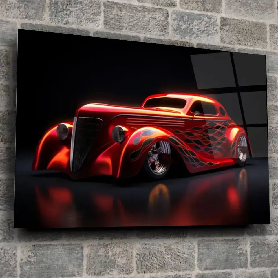 Tableau Décoratif Hot Road Flammes en verre acrylique, fixé sur un mur de pierre