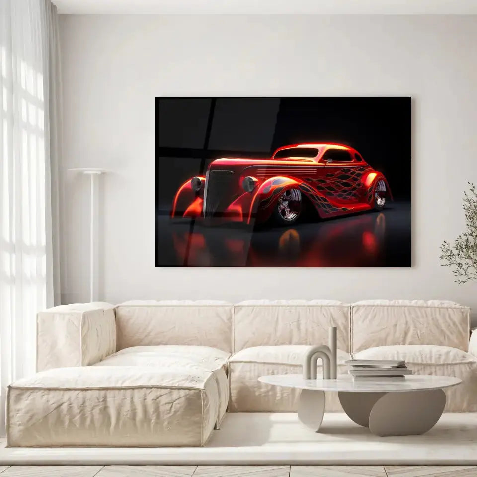 Tableau Décoratif Hot Road Flammes en verre acrylique, accroché dans un salon lumineux au-dessus d'un canapé beige