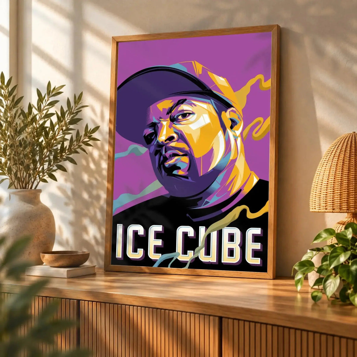 Tableau Décoratif Ice Cube en affiche encadrée bois sur un buffet