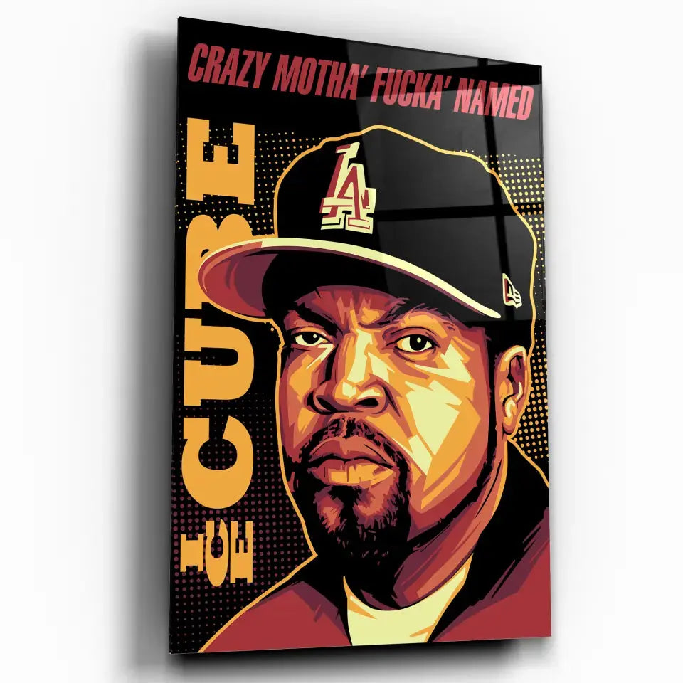 Tableau Décoratif Ice Cube Iconic Rap en verre acrylique, vue inclinée sur fond blanc