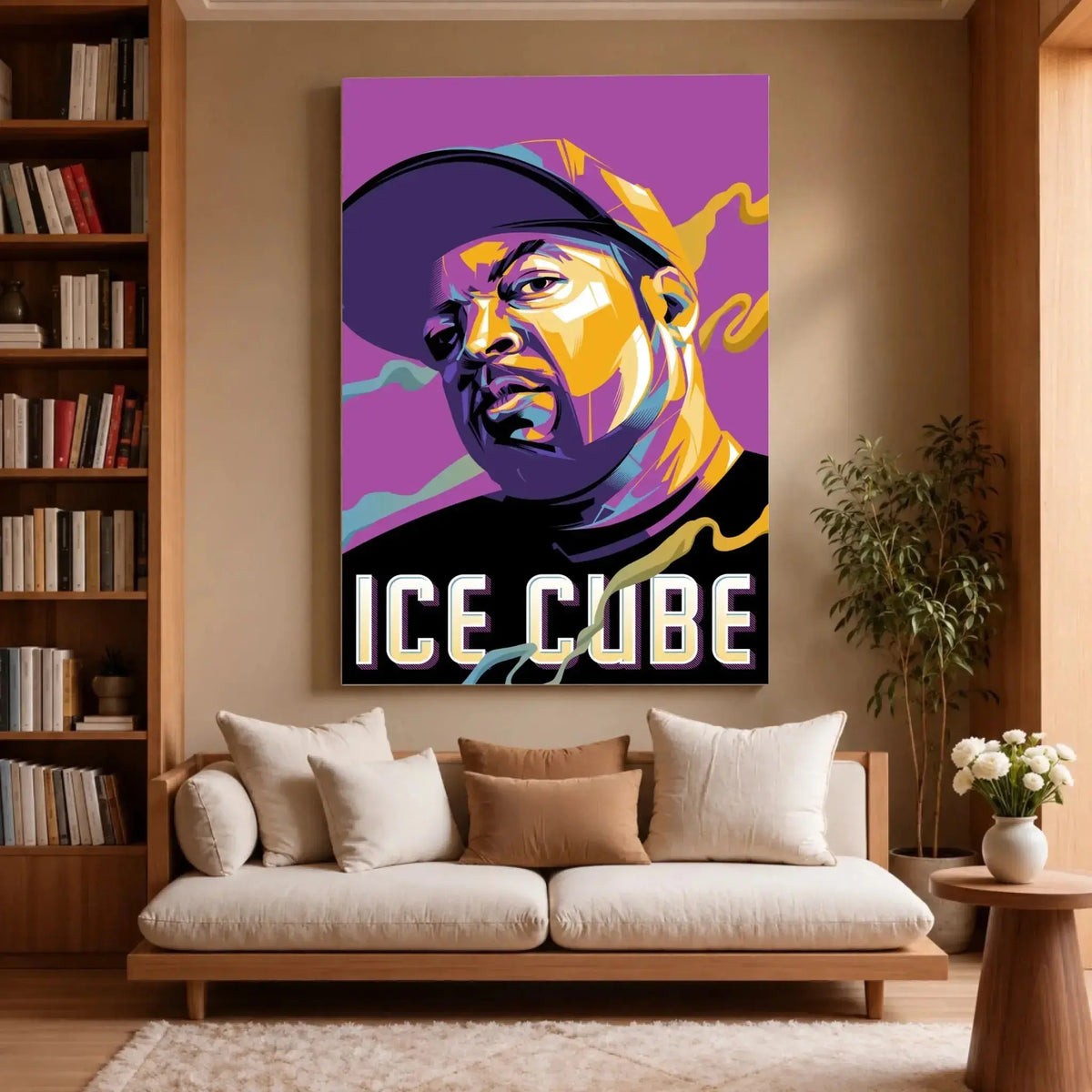 Tableau Décoratif Ice Cube sur toile, accroché dans un salon avec bibliothèque