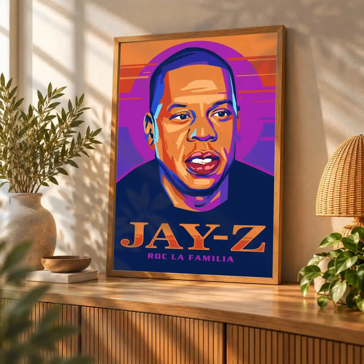 Tableau Décoratif Jay-Z en affiche encadrée bois sur un buffet