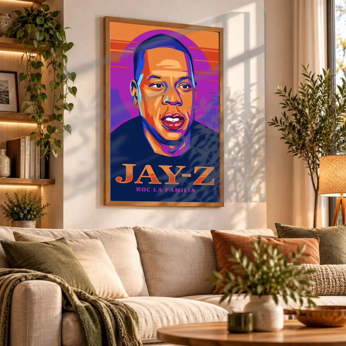 Tableau Décoratif Jay-Z en affiche encadrée bois dans un salon