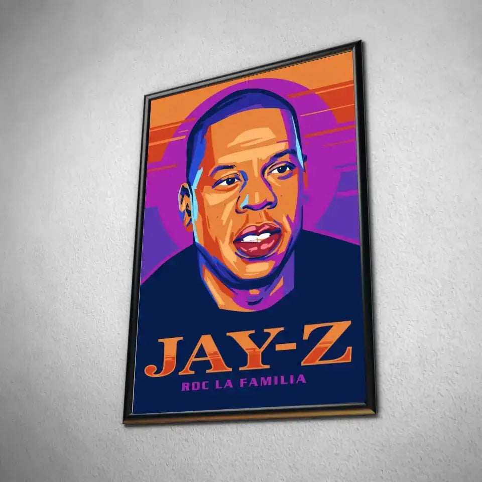 Tableau Décoratif Jay-Z en affiche encadrée noire, vue inclinée sur un mur gris