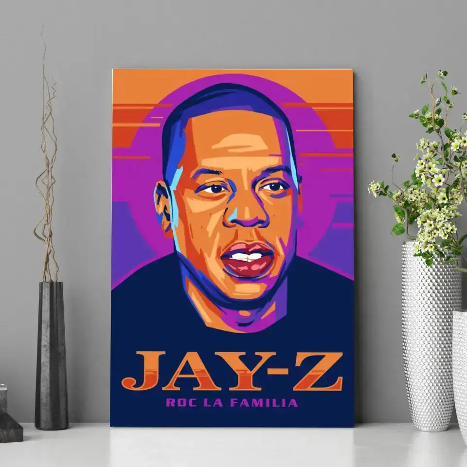 Tableau Décoratif Jay-Z en affiche posée sur une étagère avec des vases