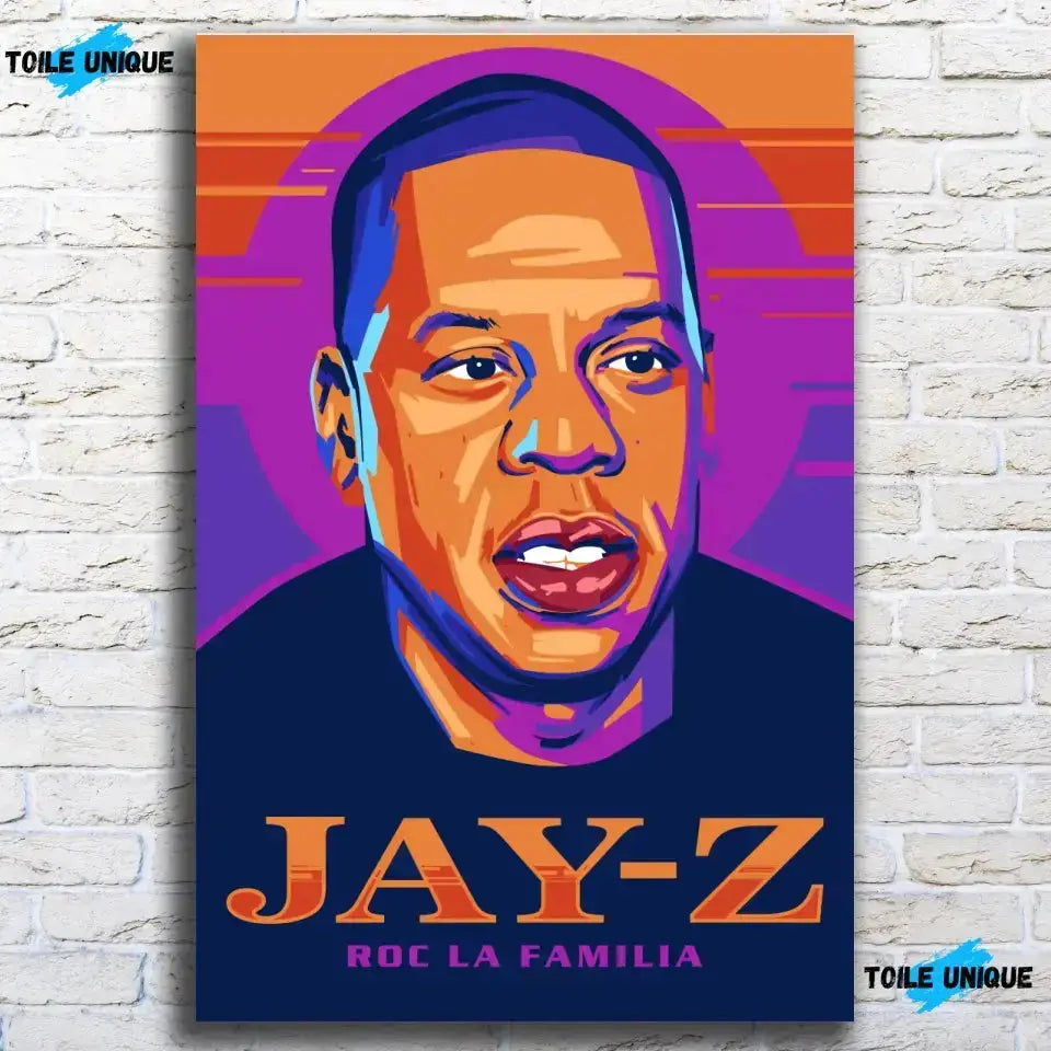 Tableau Décoratif Jay-Z sur toile, accroché sur un mur de briques blanches