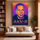 Tableau Décoratif Jay-Z sur toile, accroché dans un salon avec bibliothèque