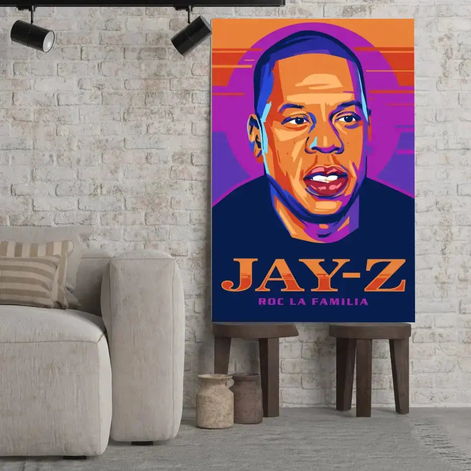 Tableau Décoratif Jay-Z sur toile, posé sur des tabourets devant un mur de briques