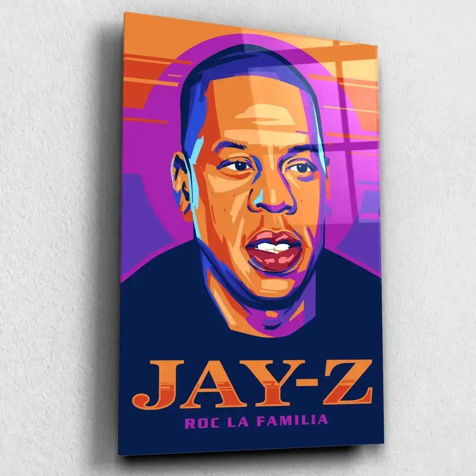 Tableau Décoratif Jay-Z en verre acrylique, vue inclinée sur fond clair