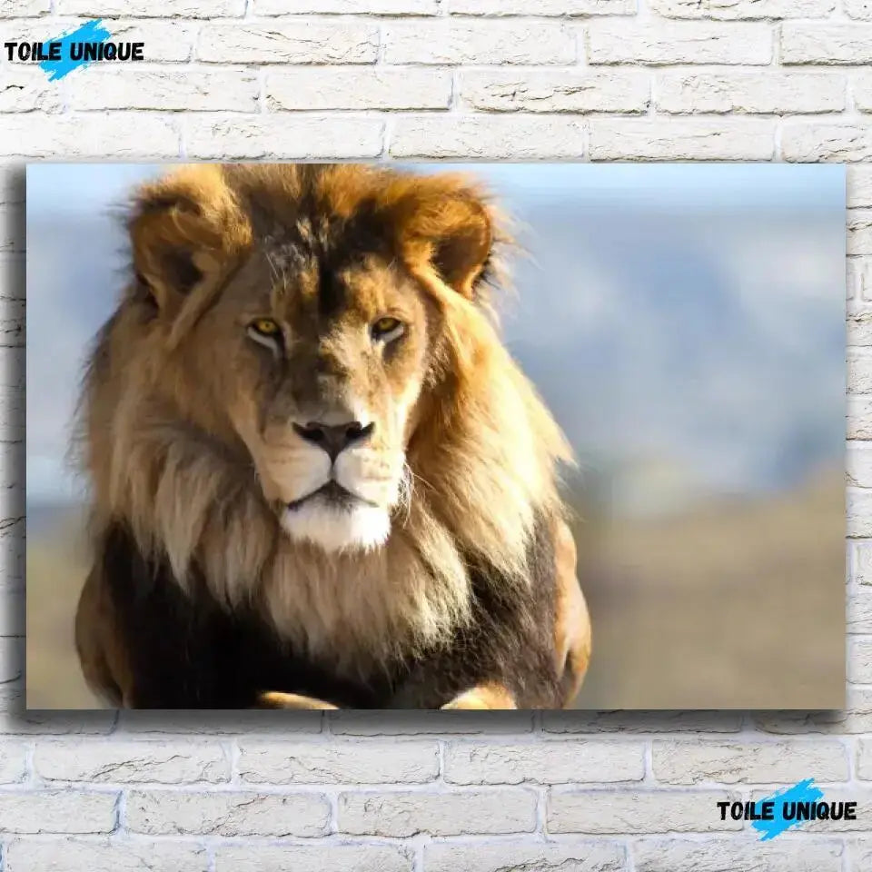 Tableau Décoratif Lion d'Afrique sur toile, vue de face sur un mur de briques blanches