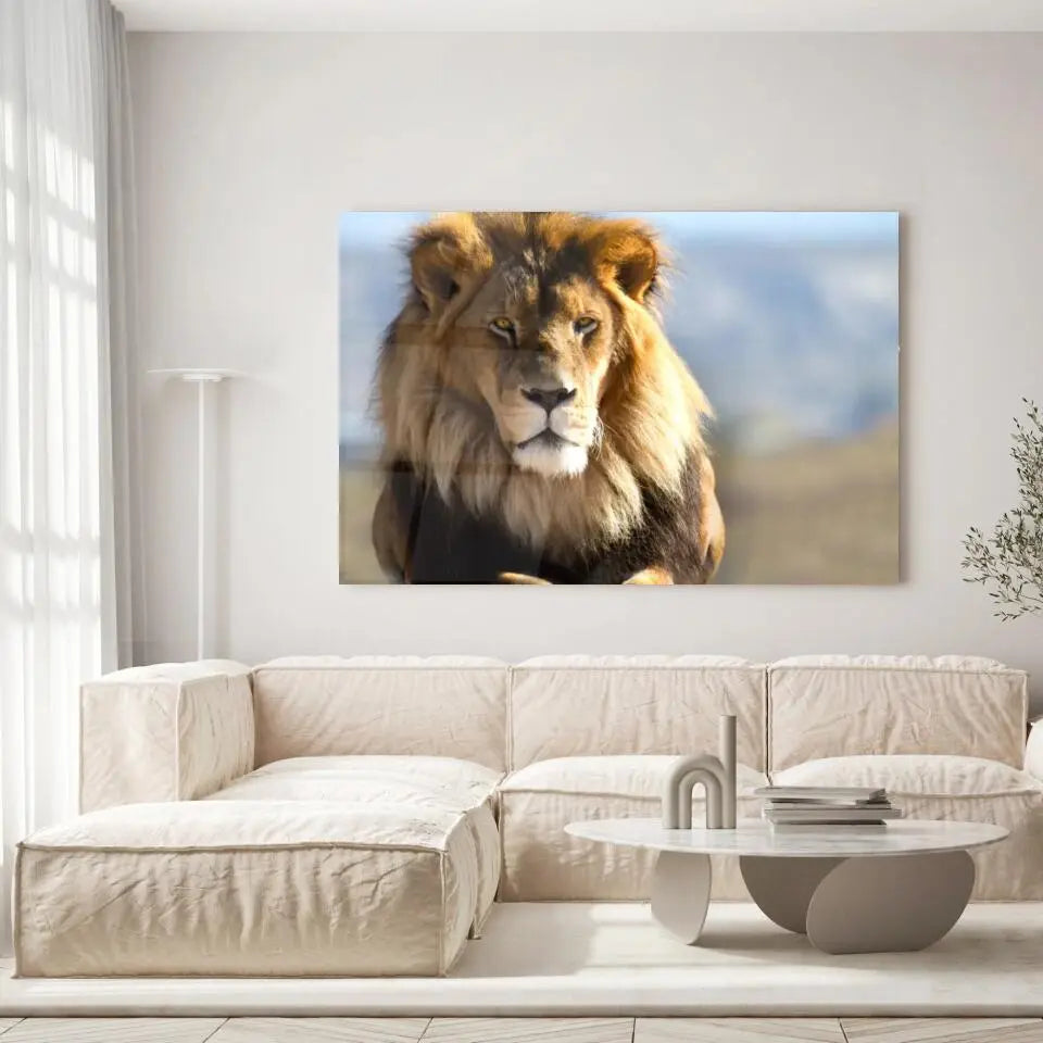 Tableau Décoratif Lion d'Afrique en verre acrylique, accroché dans un salon lumineux au-dessus d'un canapé beige
