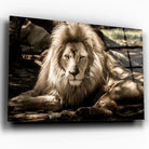 Tableau Décoratif Lion de l'Atlas en verre acrylique, vue inclinée sur fond blanc