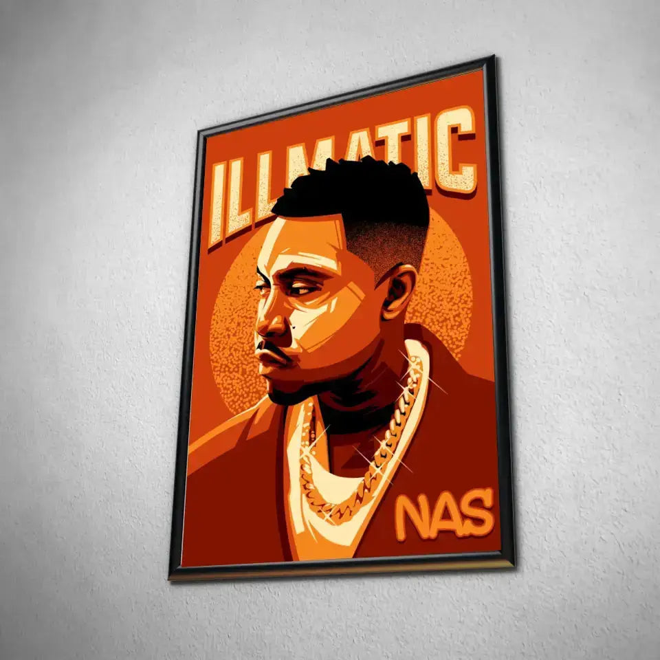 Tableau Décoratif Nas en affiche encadrée noire, vue inclinée sur un mur gris