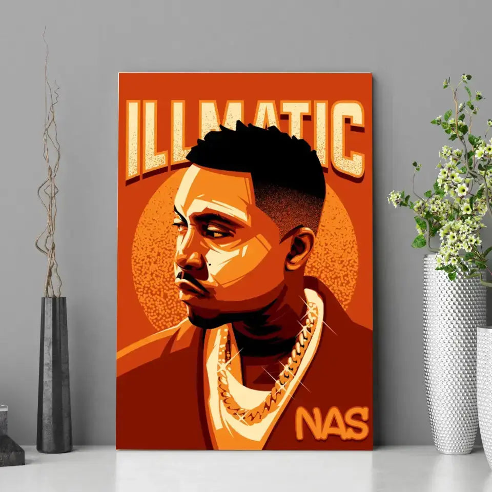 Tableau Décoratif Nas en affiche posée sur une étagère avec des vases
