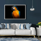 Tableau Décoratif Perroquet Tropical en affiche encadrée dans un salon bleu nuit au-dessus d'un canapé blanc