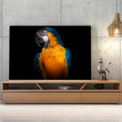 Tableau Décoratif Perroquet Tropical sur toile, posée sur un meuble TV en bois devant un mur en béton