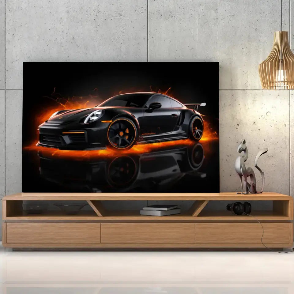Tableau Décoratif Porsche 911 Black sur toile, posée sur un meuble TV en bois devant un mur en béton