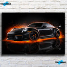 Tableau Décoratif Porsche 911 Black sur toile, vue de face sur un mur de briques blanches