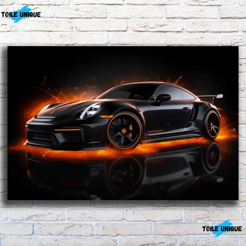 Tableau Décoratif Porsche 911 Black sur toile, vue de face sur un mur de briques blanches