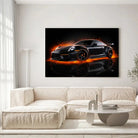 Tableau Décoratif Porsche 911 Black sur toile, accrochée dans un salon lumineux au-dessus d'un canapé beige