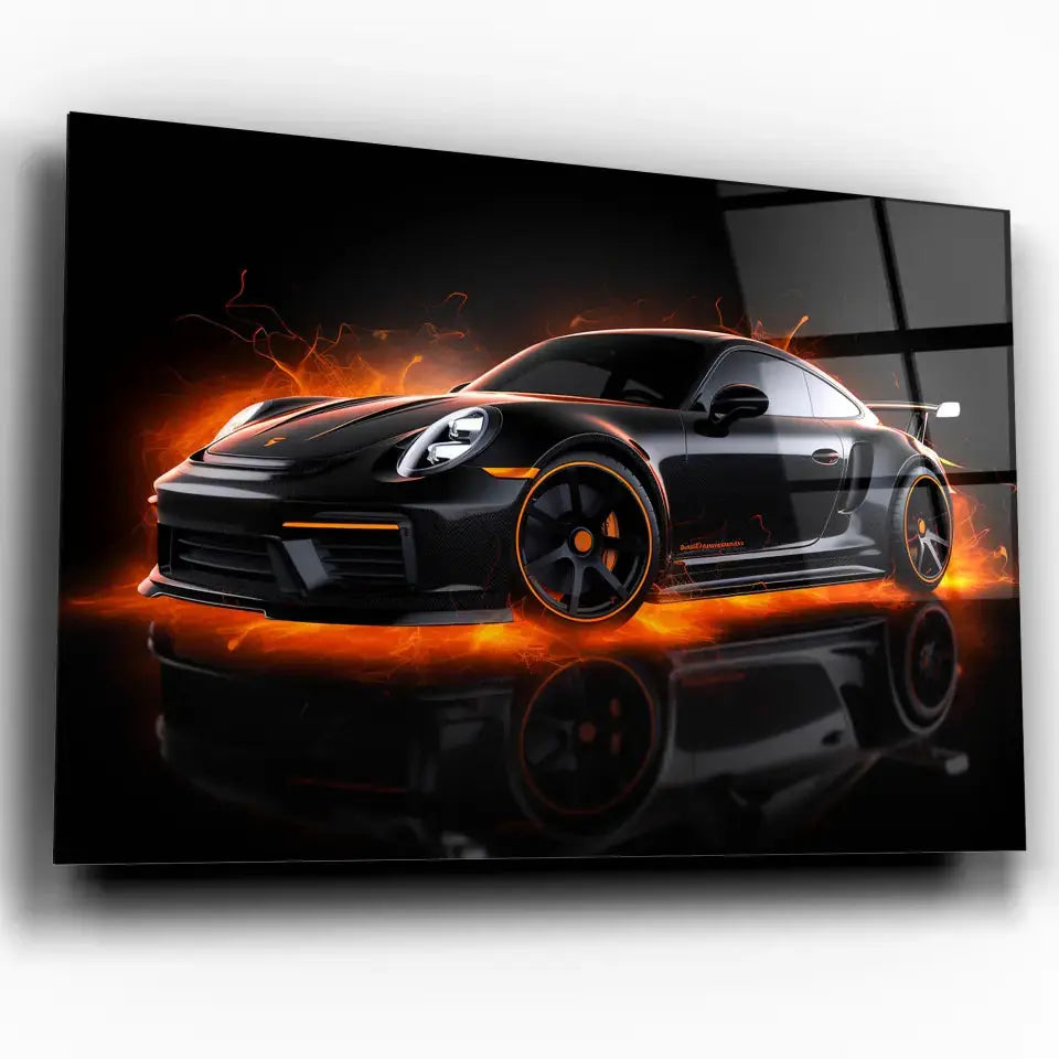 Tableau Décoratif Porsche 911 Black en verre acrylique, vue inclinée sur fond blanc