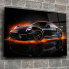 Tableau Décoratif Porsche 911 Black en verre acrylique, fixé sur un mur de pierre