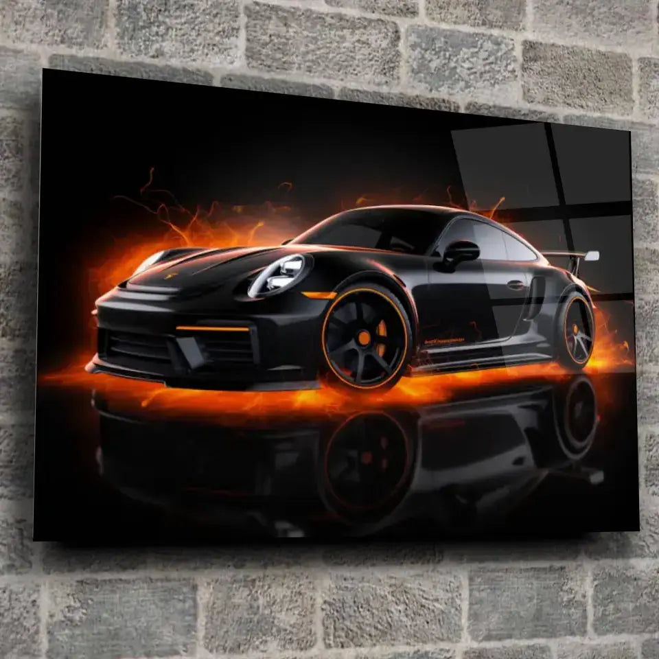 Tableau Décoratif Porsche 911 Black en verre acrylique, fixé sur un mur de pierre