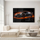 Tableau Décoratif Porsche 911 Black en verre acrylique, accroché dans un salon lumineux au-dessus d'un canapé beige
