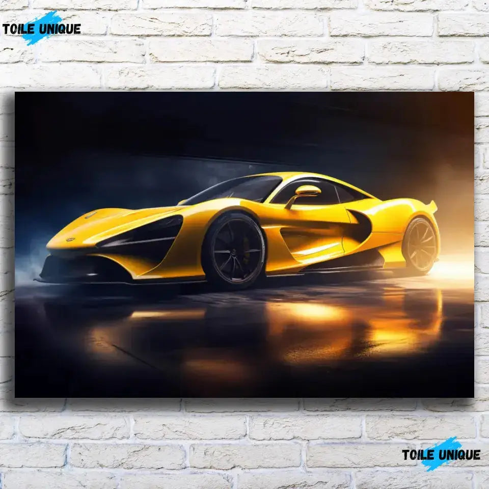 Tableau Décoratif Supercar Mc Claren sur toile, vue de face sur un mur de briques blanches