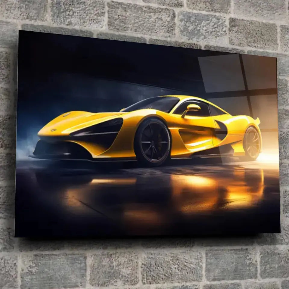 Tableau Décoratif Supercar Mc Claren en verre acrylique, fixé sur un mur de pierre