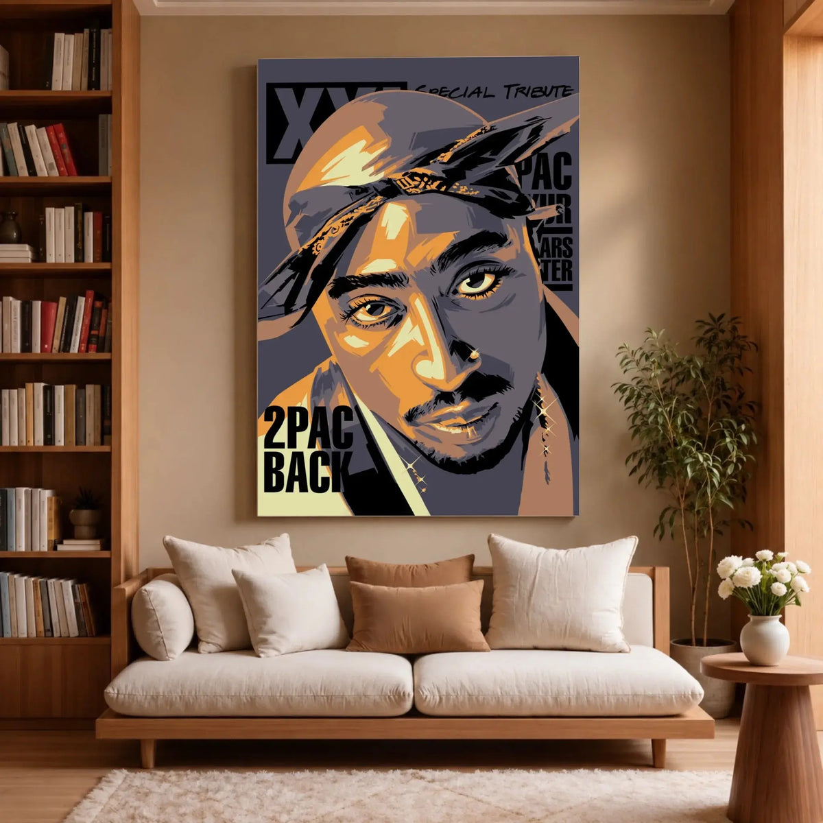 Tableau Décoratif Tupac Shakur 2Pac sur toile, accroché dans un salon avec bibliothèque