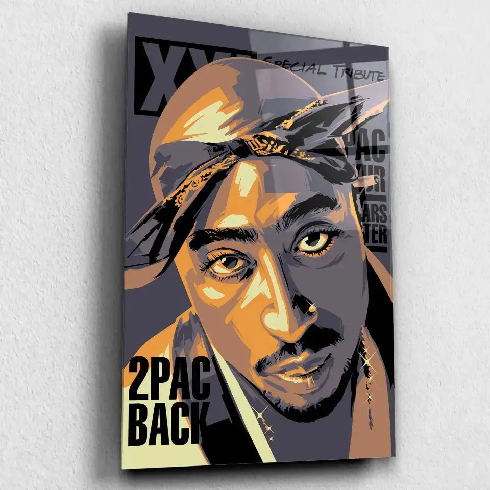 Tableau Décoratif Tupac Shakur 2Pac en verre acrylique, vue inclinée sur fond clair
