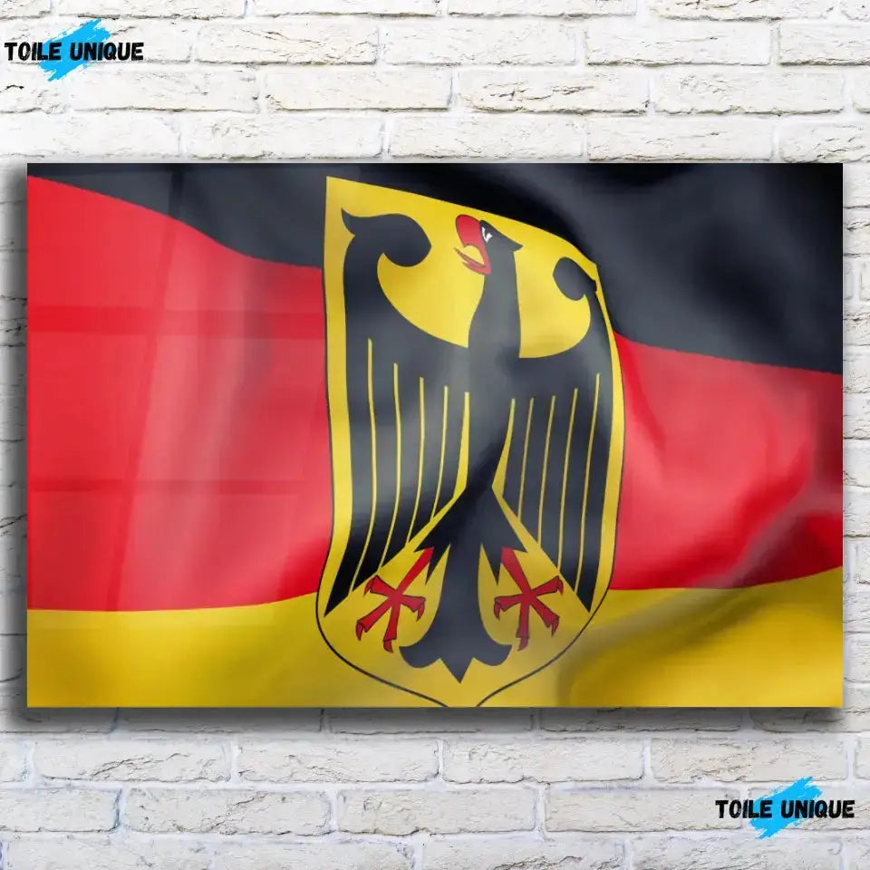 Tableau Drapeau Allemagne en verre acrylique, vue de face sur un mur de briques blanches