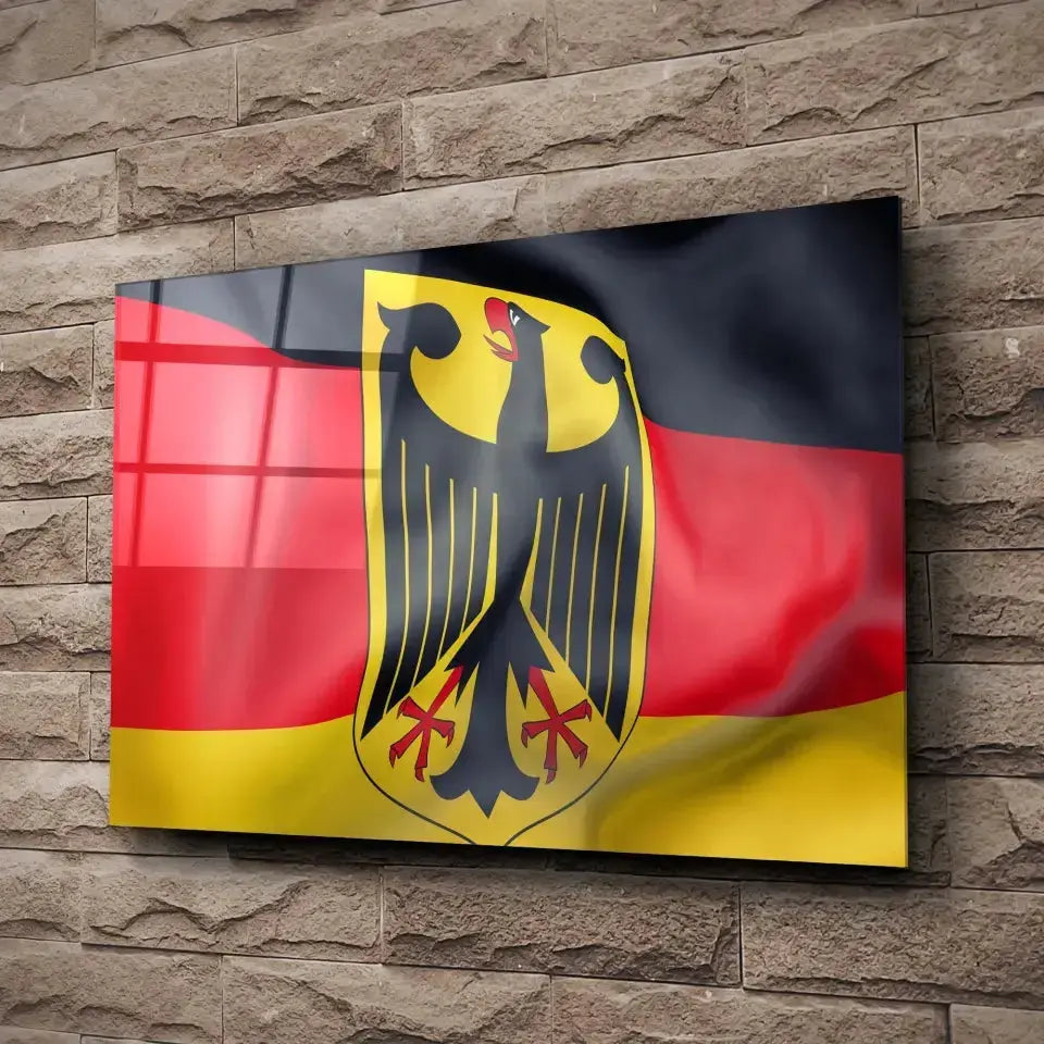 Tableau Drapeau Allemagne en verre acrylique, fixé sur un mur de pierre