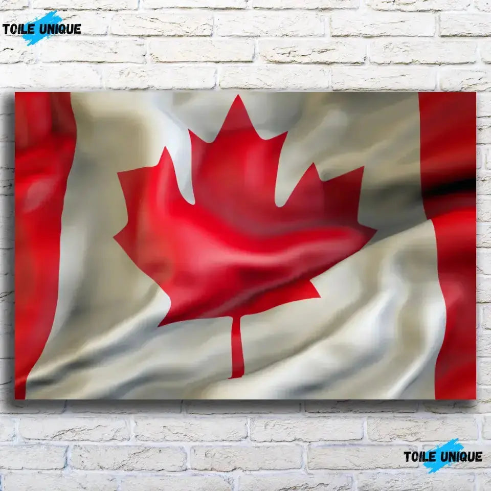 Tableau Drapeau Canada sur toile, vue de face sur un mur de briques blanches