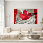 Tableau Drapeau Canada sur toile, accrochée dans un salon lumineux au-dessus d'un canapé beige