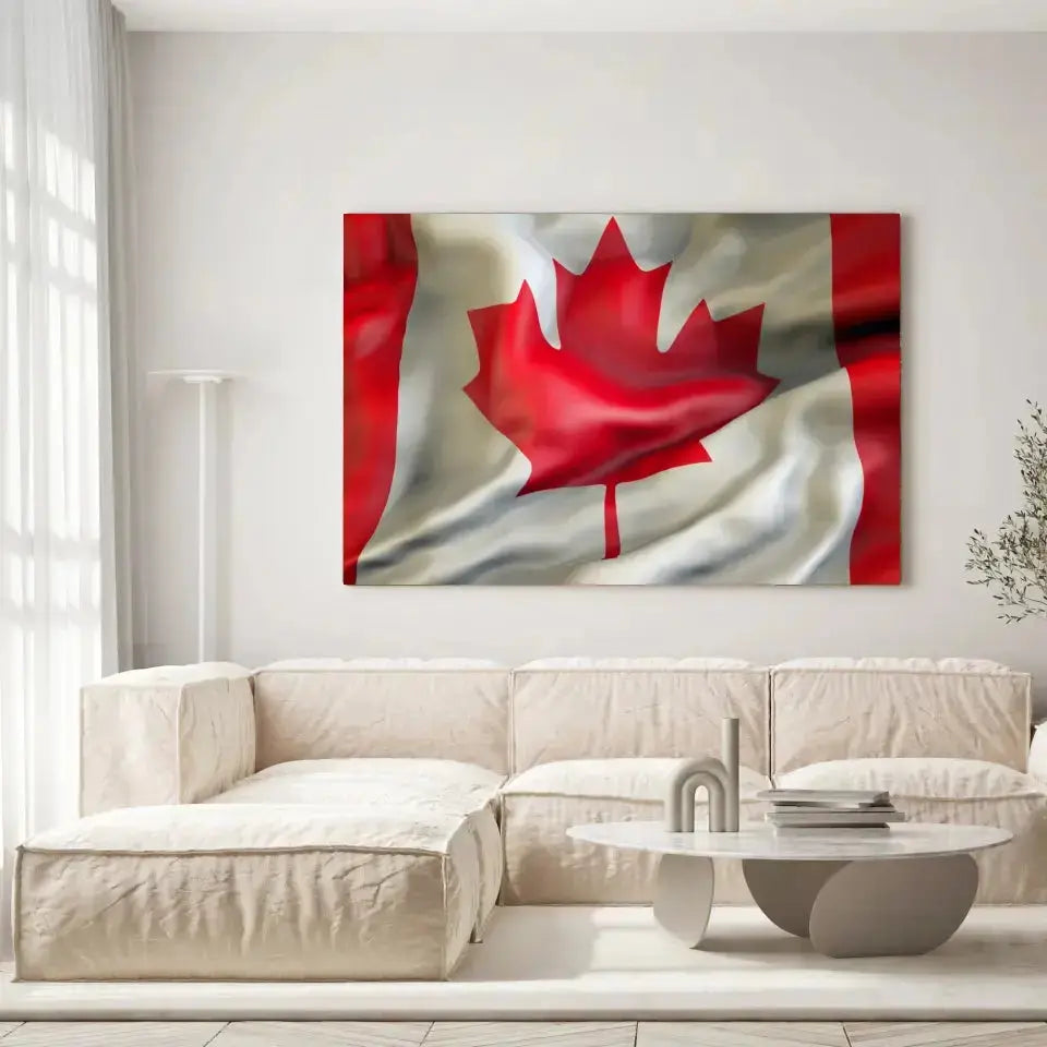 Tableau Drapeau Canada sur toile, accrochée dans un salon lumineux au-dessus d'un canapé beige