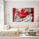 Tableau Drapeau Canada en verre acrylique, accroché dans un salon lumineux au-dessus d'un canapé beige